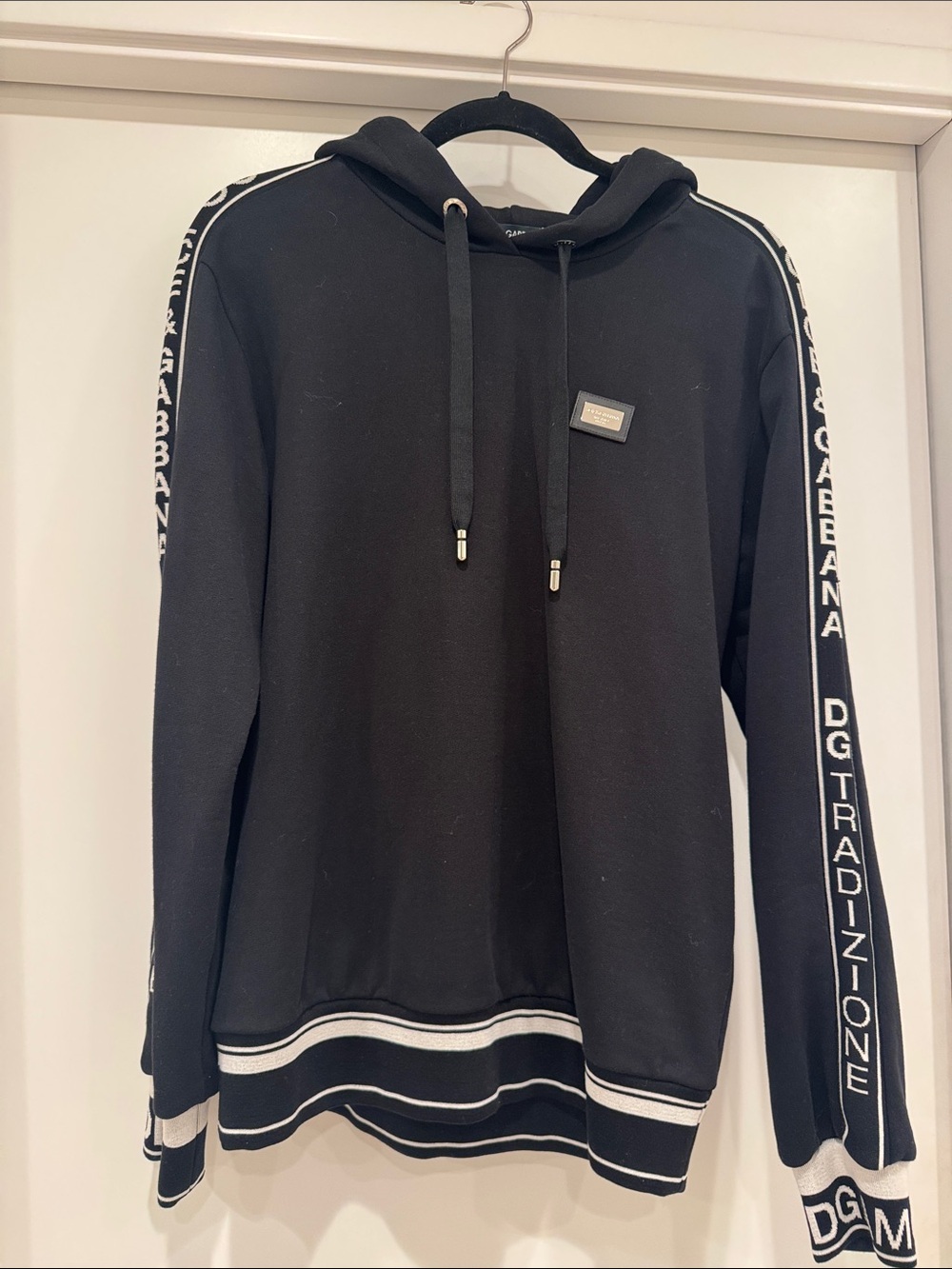 Dolce & Gabbana Black Hooded Sweatshirt with White Logo Tape